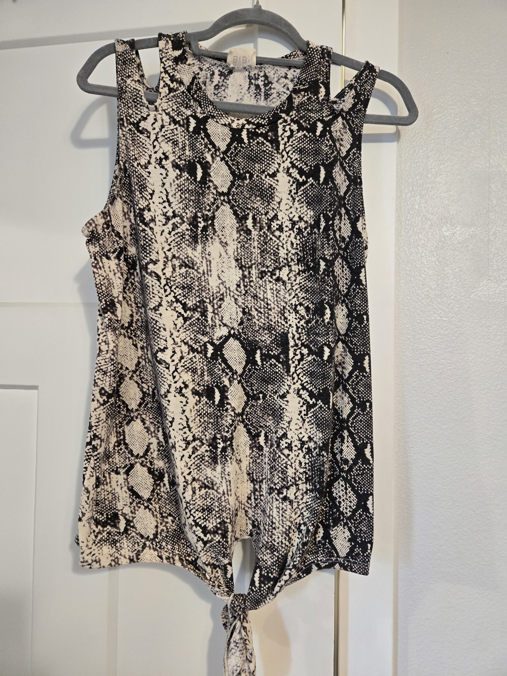 BiBi Black and White Snakeskin Tie-Front Tank